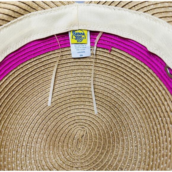 Banana Boat Woven Paper Straw By Pink Sun Hat Wide Brim Beach Pool Vacation - Picture 5 of 6